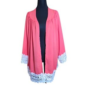 Coral Kimono Cover Up White Crochet Trim Beach Resort‎ Bohemian Chic Size XL